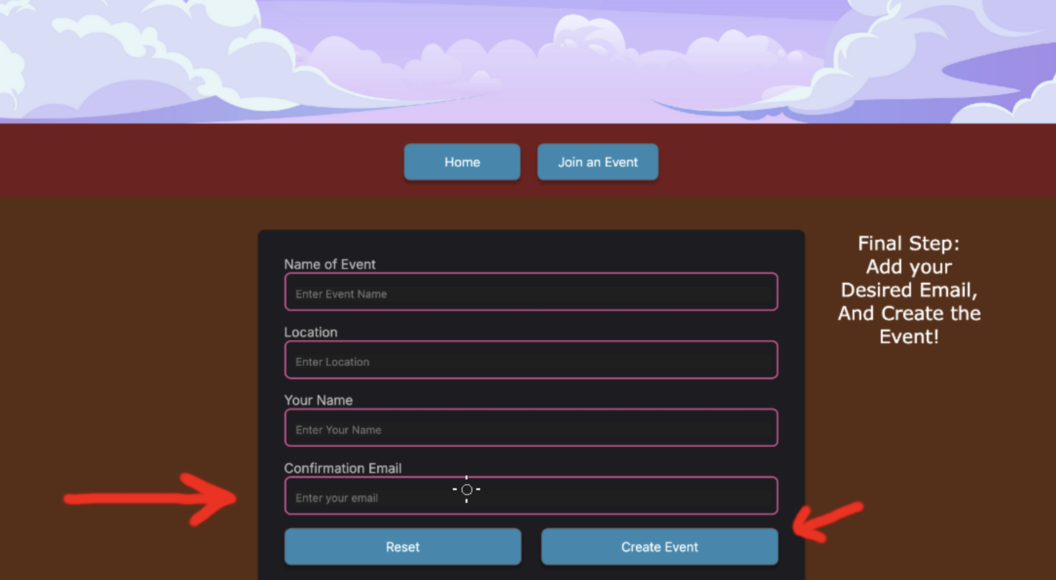 Instructing the user to enter a valid email and create the event