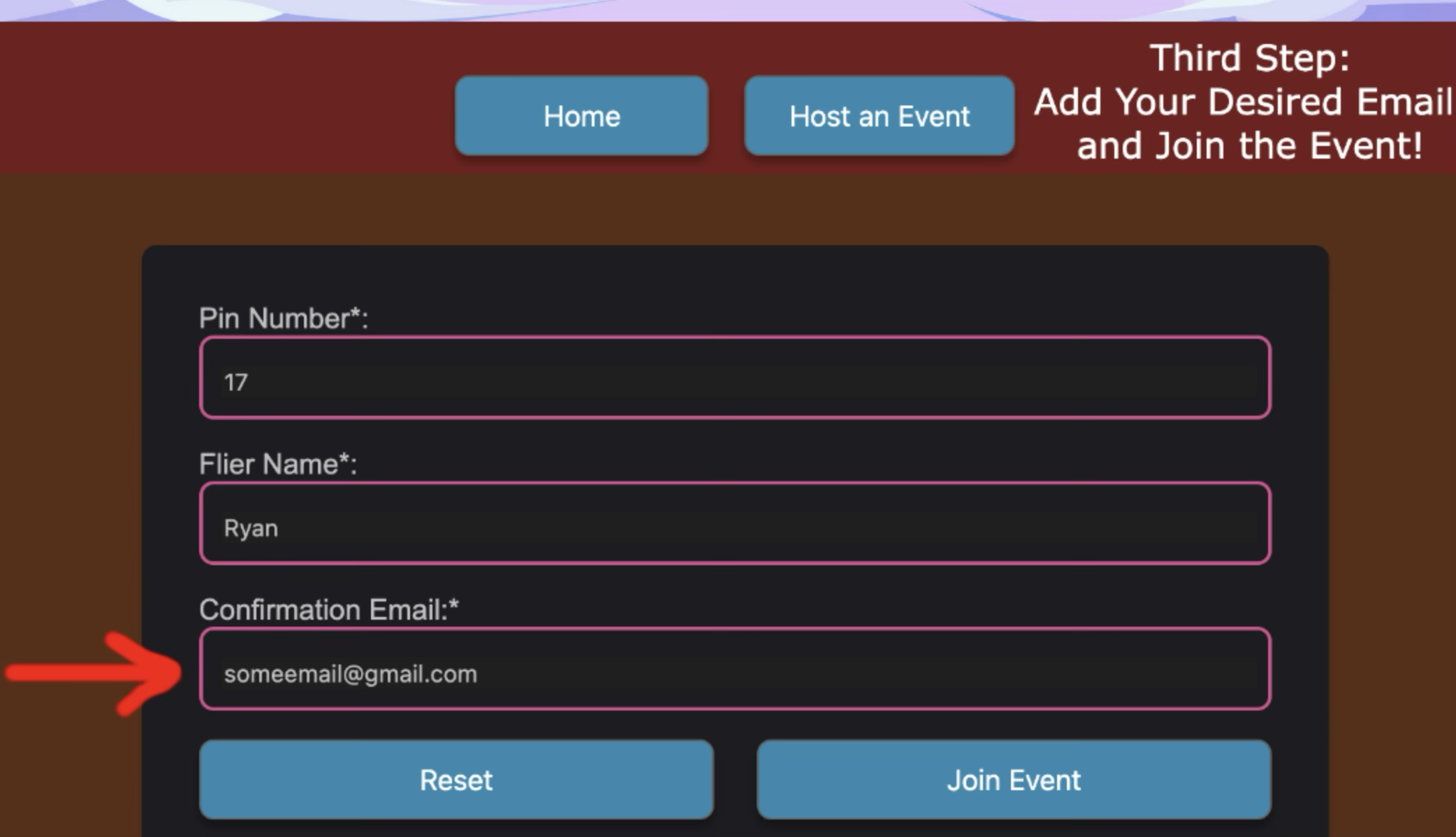 Instructing the user on the third step on how to join an event