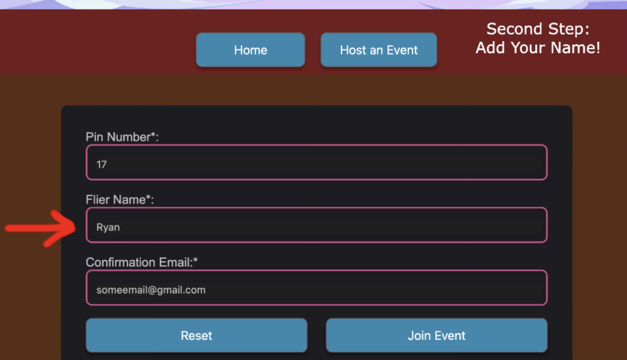Instructing the user on the second step on how to join an event